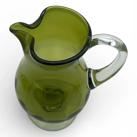 Vintage Avocado Green Art Glass Pitcher Pedestal Base Applied Handle MCM - Picture 4 of 11